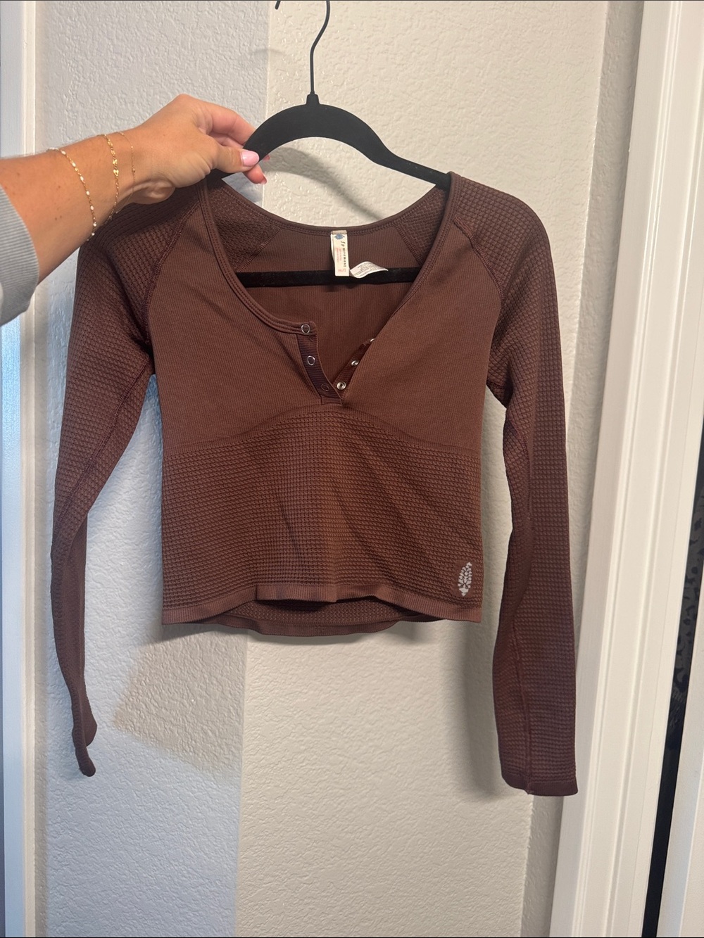 FP Movement by Free People Brown Waffle Henley Long-Sleeve Crop Top